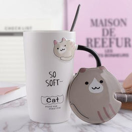 Bonheur de Chat Mug chat mignon 450ml  4 modèles + couvercle + cuillère